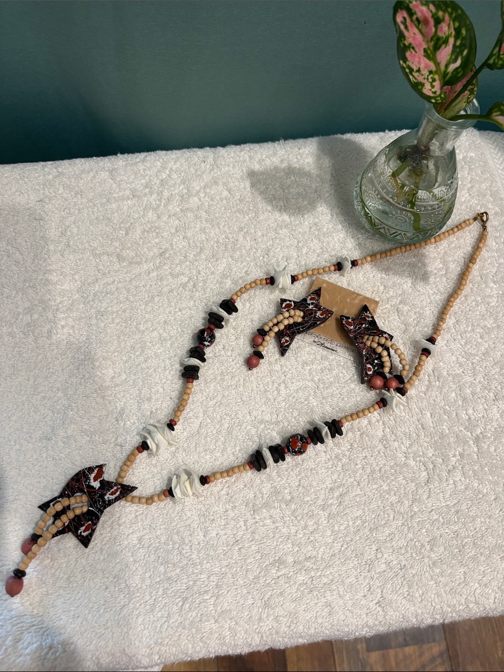 Beaded Star Pendant Necklace and Earring Set - Black, Brown, Cream